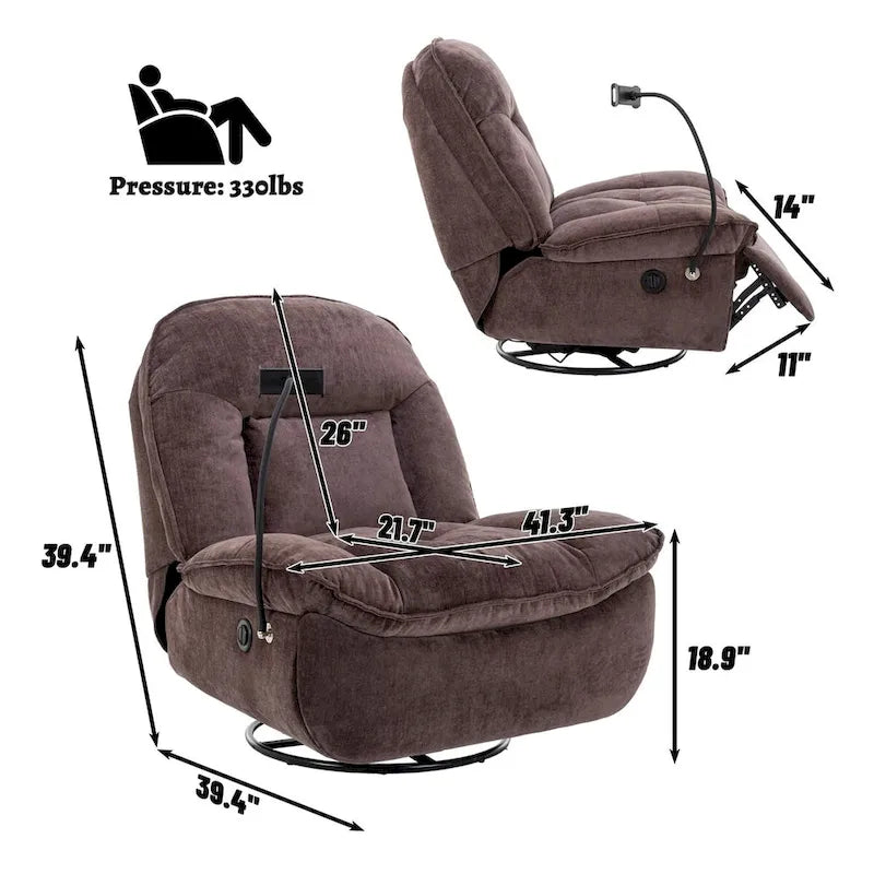 360° Swivel Recliner Chair with Phone Bracket – Bronzing Fabric, Rotating Base