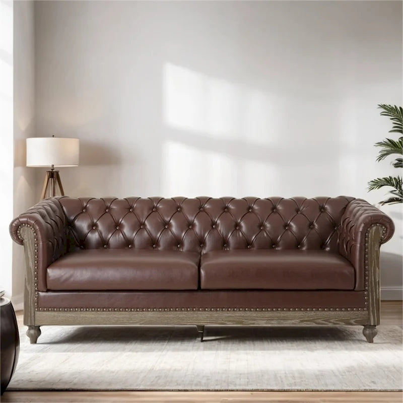 Retro 3-Seat PU Leather Sofa with Wooden Frame & Rivet Detailing