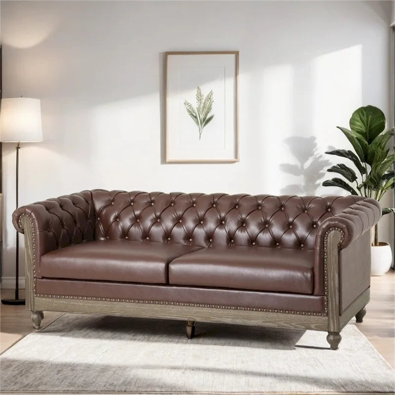 Retro 3-Seat PU Leather Sofa with Wooden Frame & Rivet Detailing