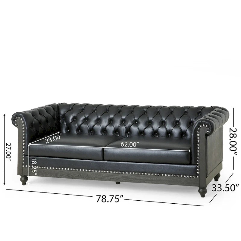 Retro 3-Seat PU Leather Sofa with Wooden Frame & Rivet Detailing