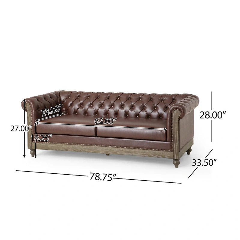 Retro 3-Seat PU Leather Sofa with Wooden Frame & Rivet Detailing