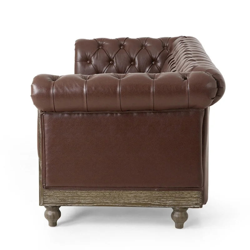 Retro 3-Seat PU Leather Sofa with Wooden Frame & Rivet Detailing