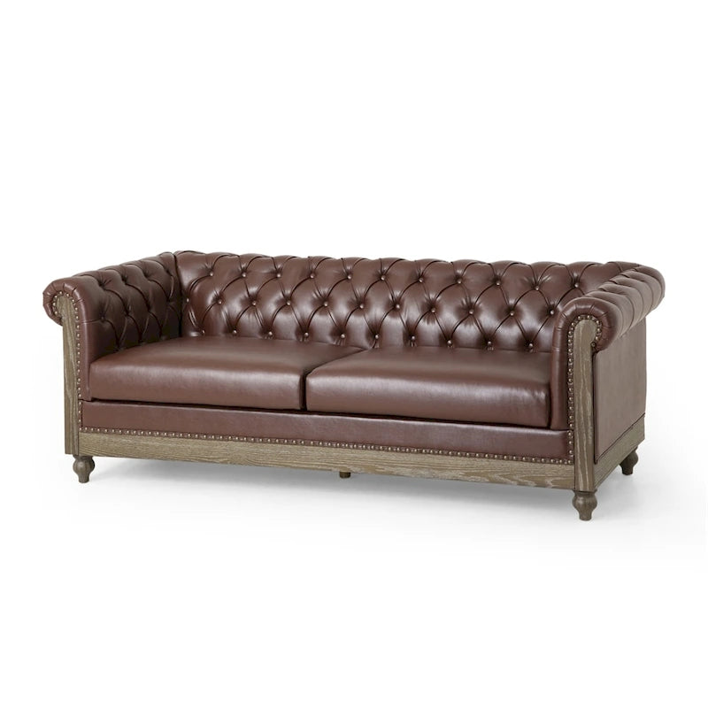 Retro 3-Seat PU Leather Sofa with Wooden Frame & Rivet Detailing