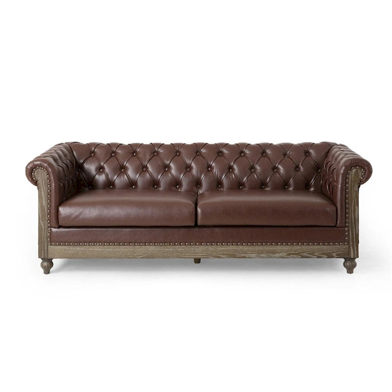 Retro 3-Seat PU Leather Sofa with Wooden Frame & Rivet Detailing