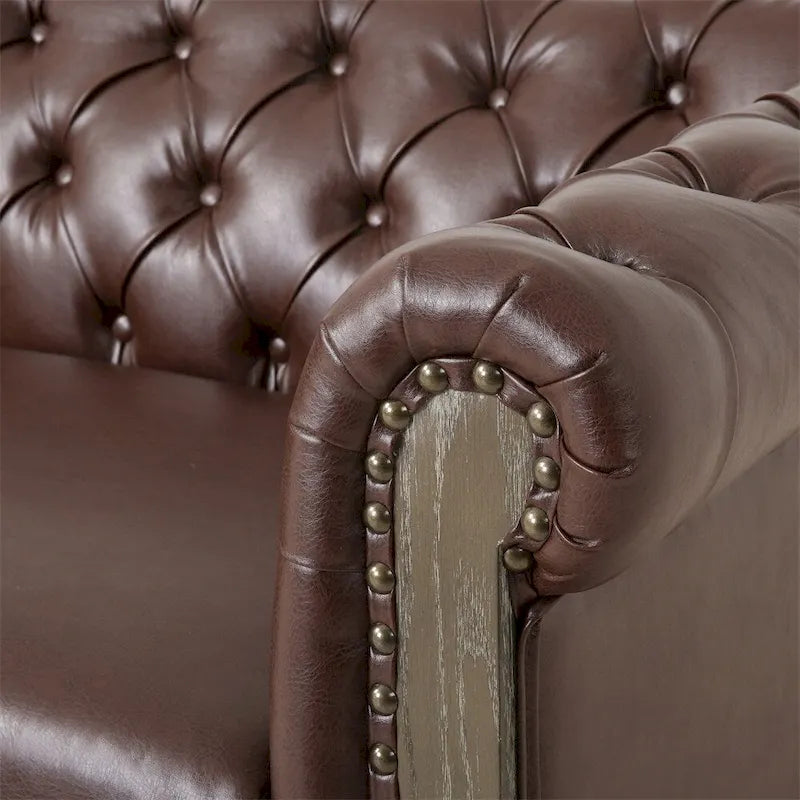 Retro 3-Seat PU Leather Sofa with Wooden Frame & Rivet Detailing