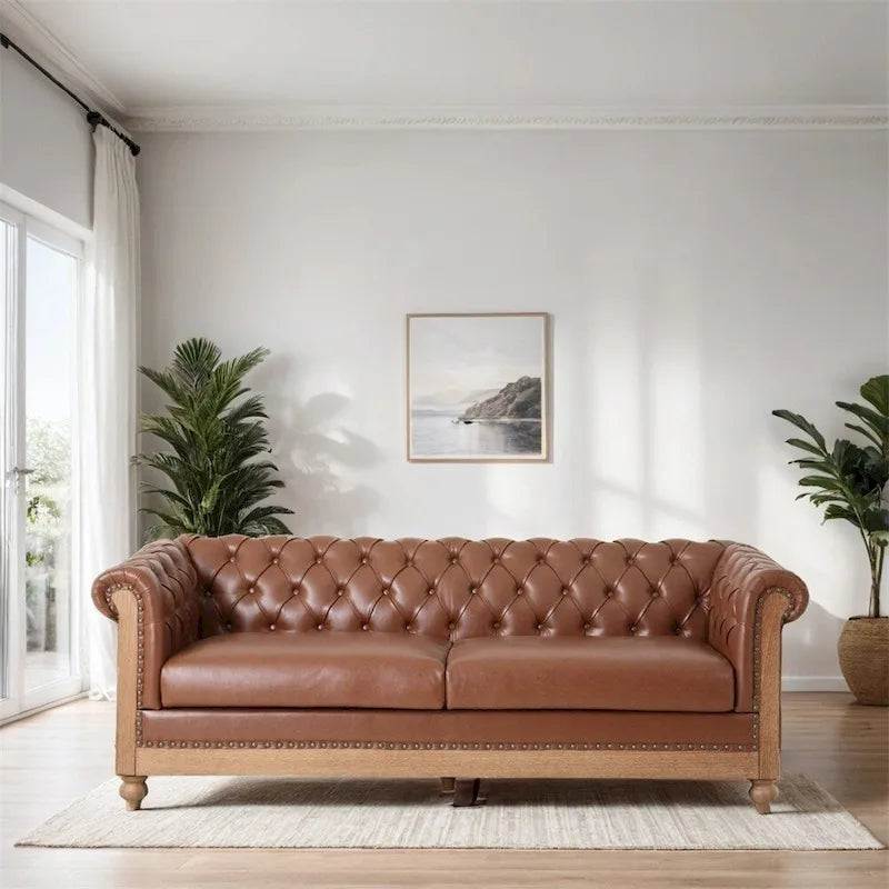 Retro 3-Seat PU Leather Sofa with Wooden Frame & Rivet Detailing