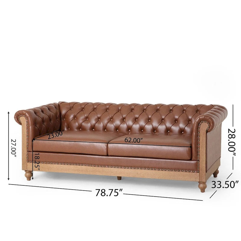 Retro 3-Seat PU Leather Sofa with Wooden Frame & Rivet Detailing