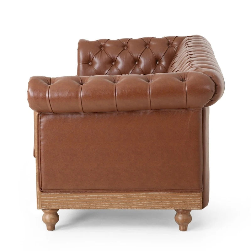 Retro 3-Seat PU Leather Sofa with Wooden Frame & Rivet Detailing