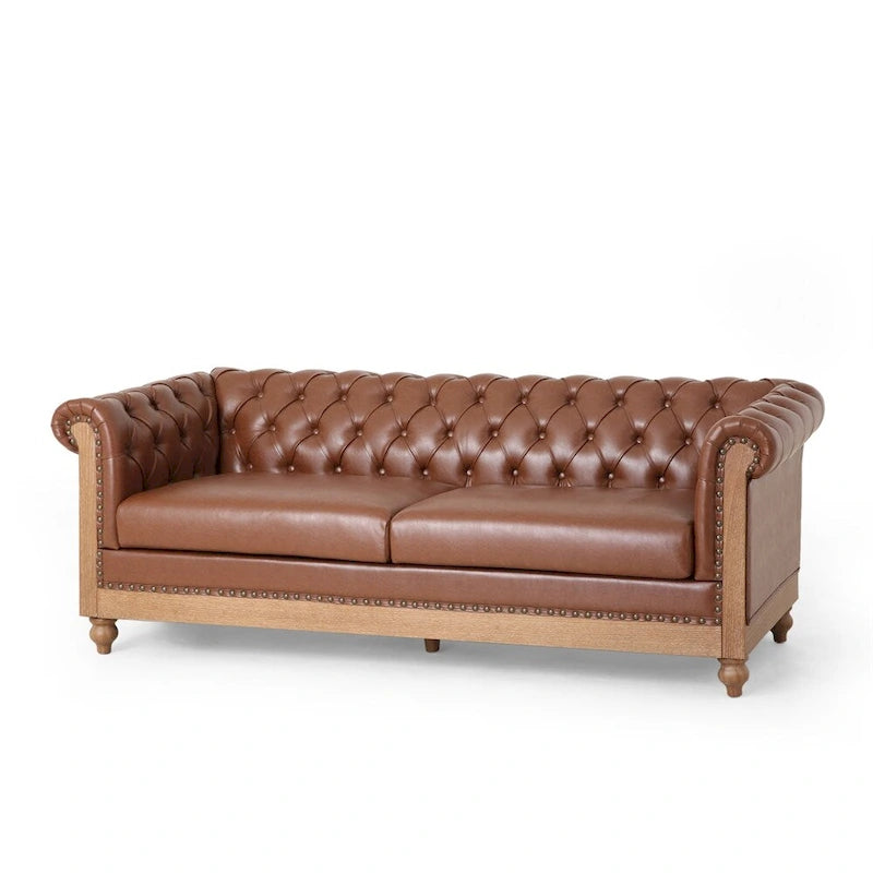 Retro 3-Seat PU Leather Sofa with Wooden Frame & Rivet Detailing