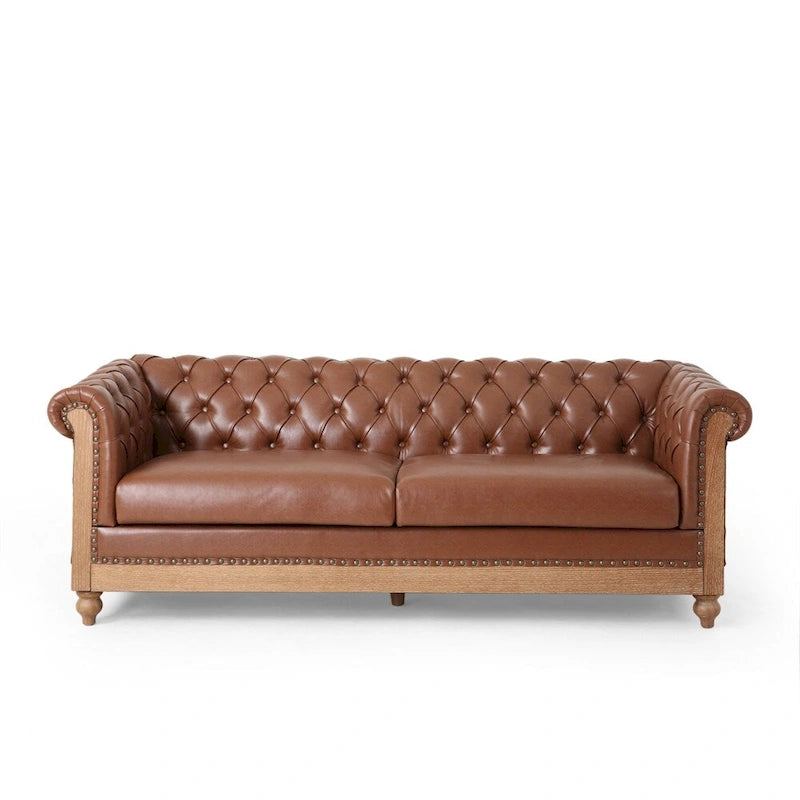 Retro 3-Seat PU Leather Sofa with Wooden Frame & Rivet Detailing