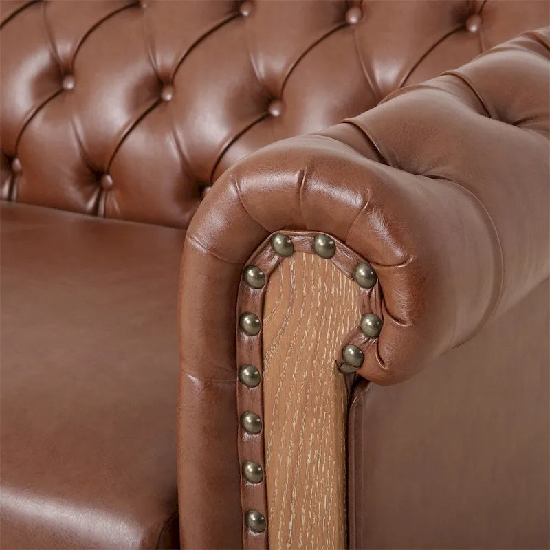 Retro 3-Seat PU Leather Sofa with Wooden Frame & Rivet Detailing