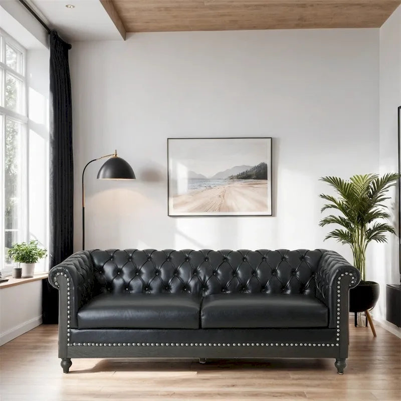 Retro 3-Seat PU Leather Sofa with Wooden Frame & Rivet Detailing