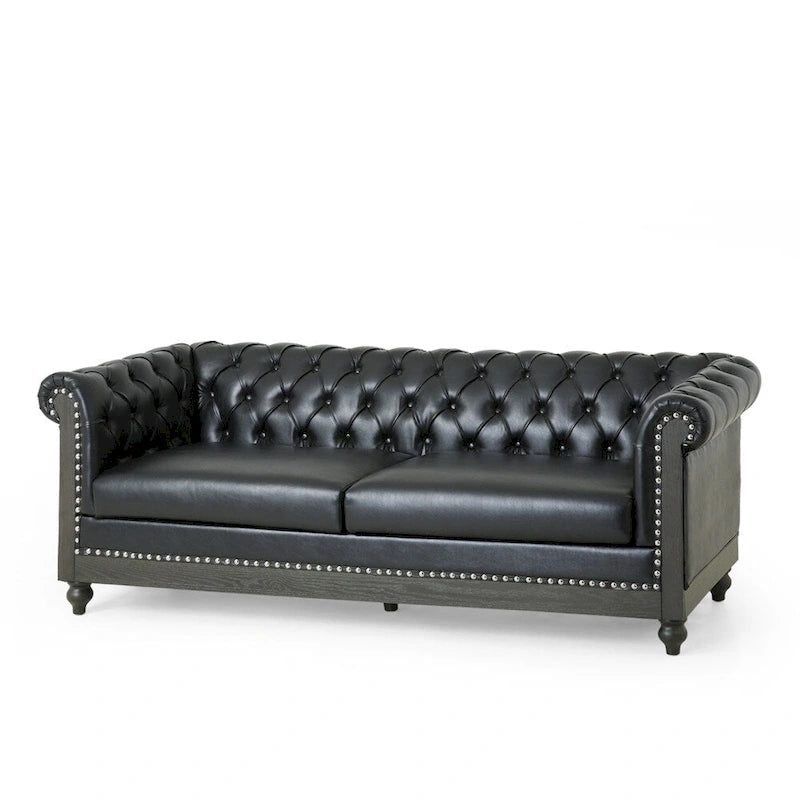 Retro 3-Seat PU Leather Sofa with Wooden Frame & Rivet Detailing