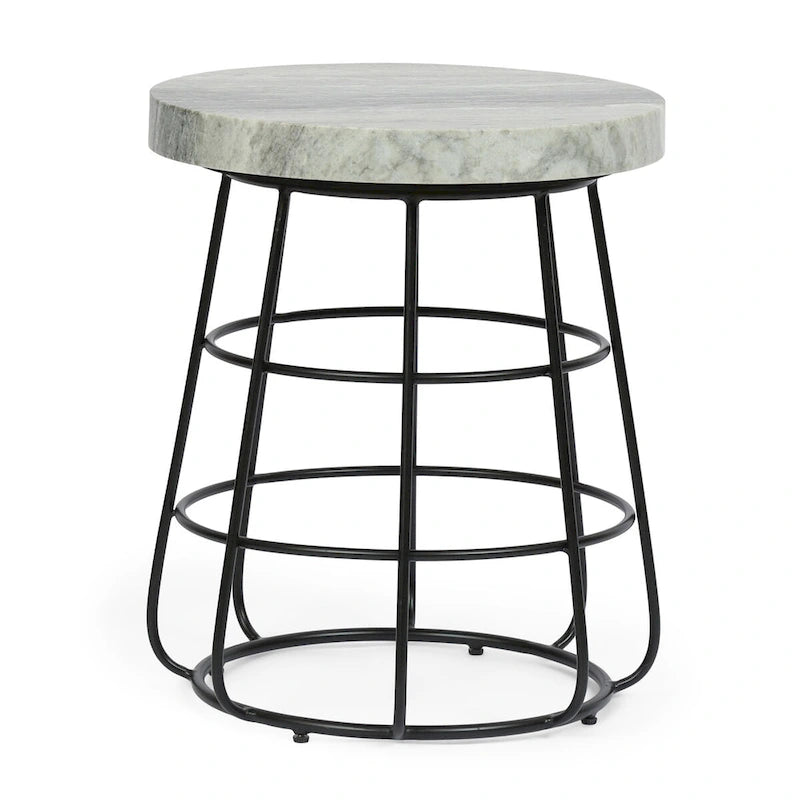 Round Marble Top Side Table with Matte Black Iron Frame