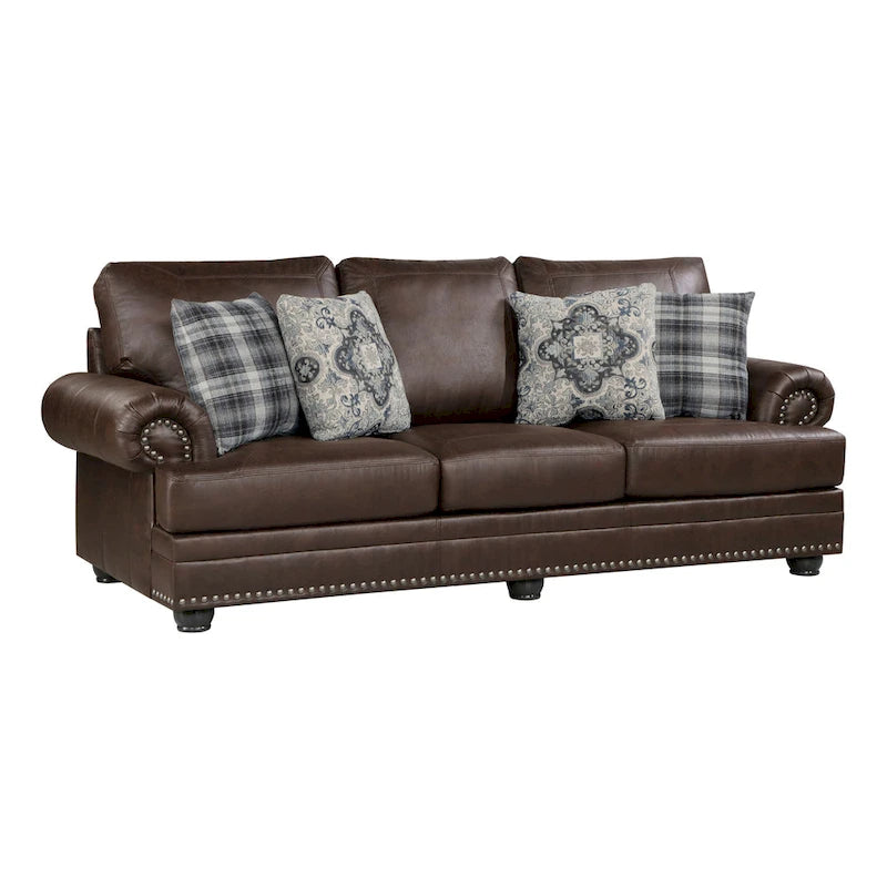 Jade 98 Inch Sofa, Rich Brown Microfiber, 4 Pillows, Soft Cushions, Wood