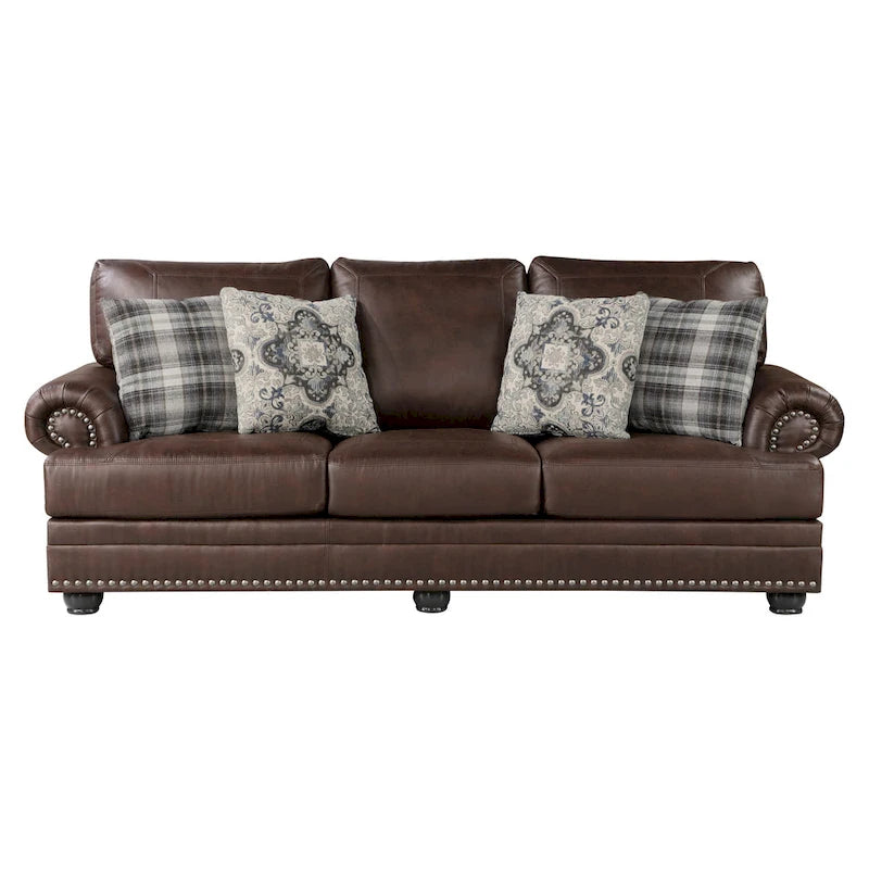 Jade 98 Inch Sofa, Rich Brown Microfiber, 4 Pillows, Soft Cushions, Wood