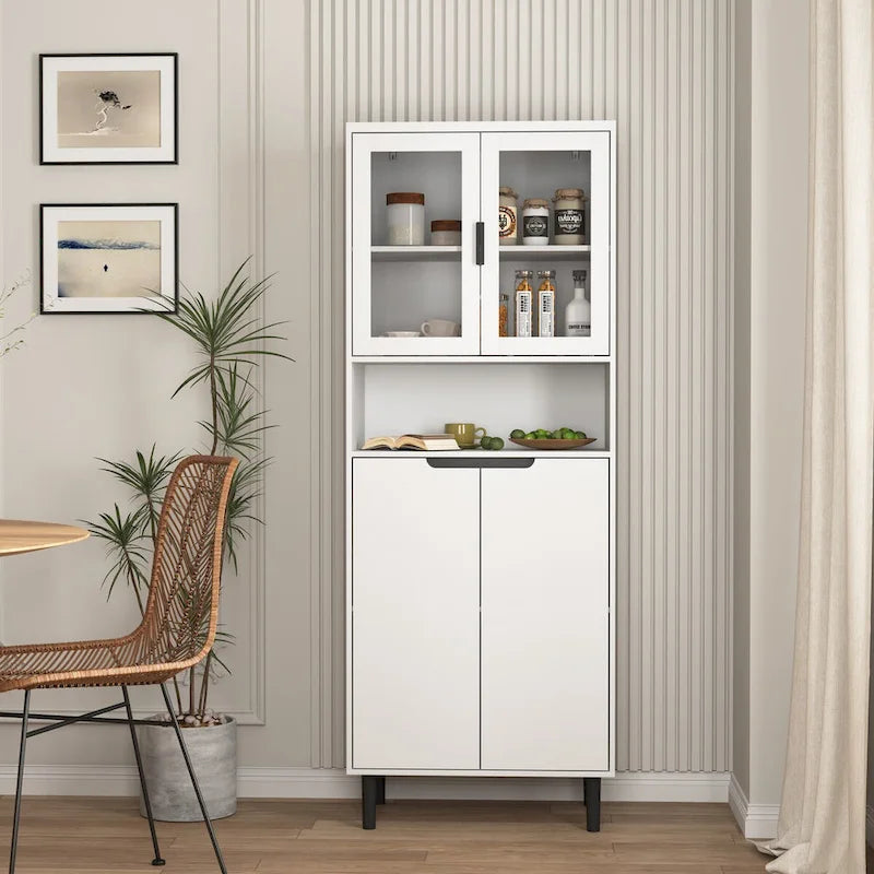 Tall Storage Show Cabinet with 2 Glass Display Door & 2 Doors, Modern Cabinet Freestanding for Bathroom, Dining Living Room