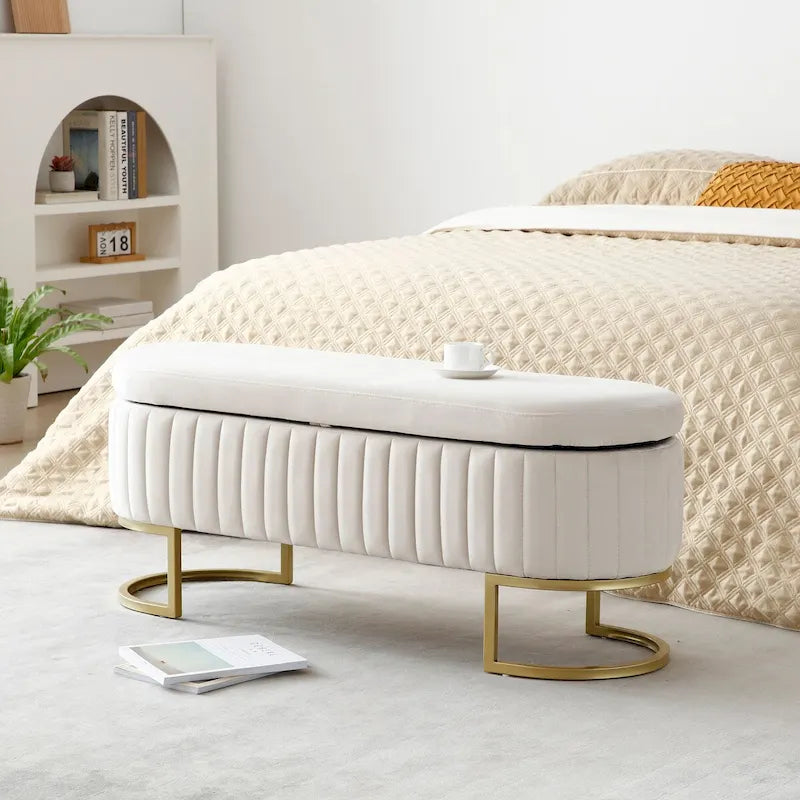 Storage Bench Bedroom Bench, Velvet Oval Upholstered End of Bed Bench with Golden Metal Legs, 50 Storage Ottoman Bench