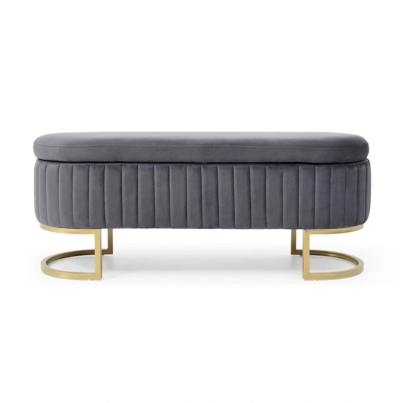 Storage Bench Bedroom Bench, Velvet Oval Upholstered End of Bed Bench with Golden Metal Legs, 50 Storage Ottoman Bench